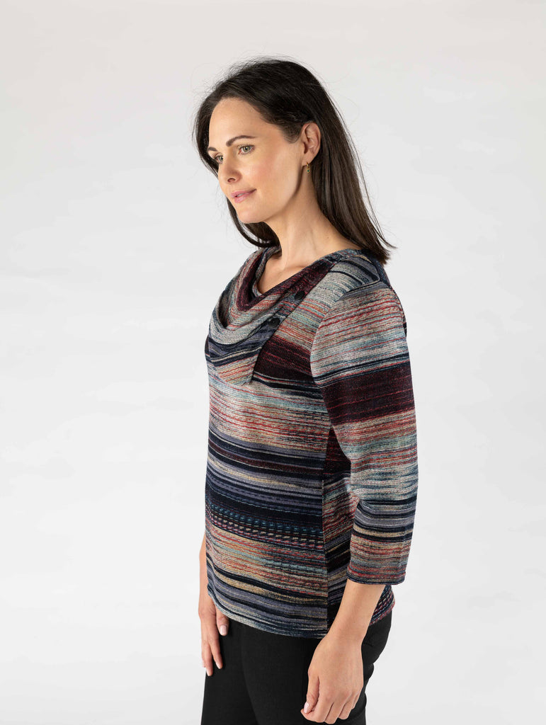 Stripe Print Brushed Top with Cowl Neck-Tops-Paco