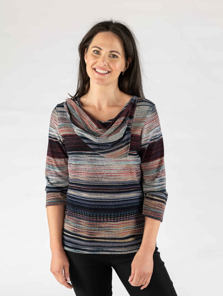 Stripe Print Brushed Top with Cowl Neck-Tops-Paco