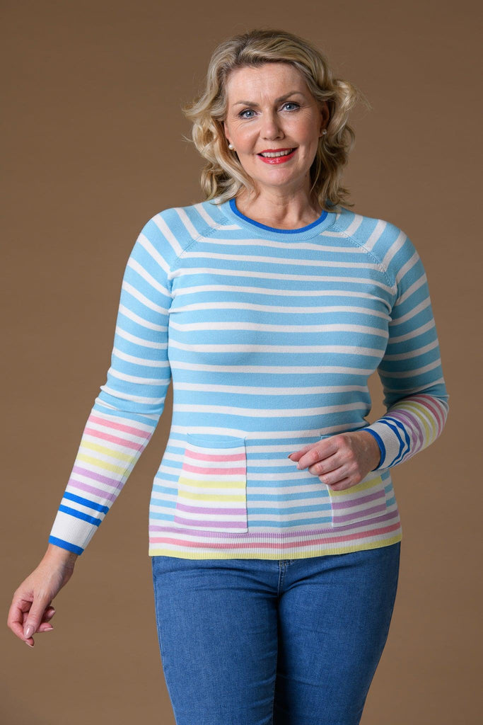 Stripe Trim + Pocket Sweater - Blue-Knitwear-Paco