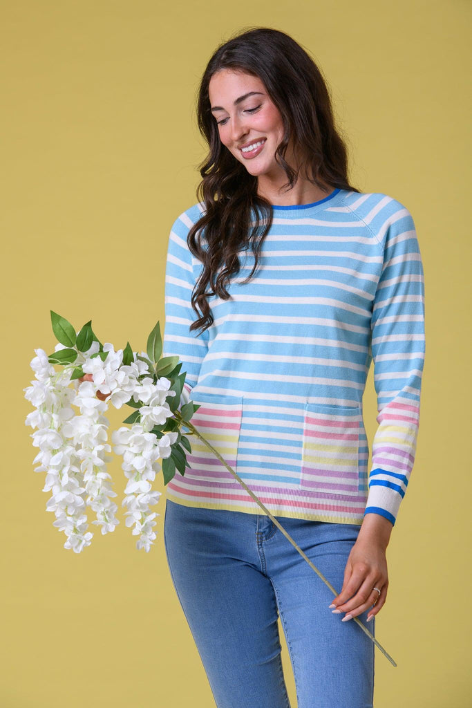Stripe Trim + Pocket Sweater - Blue-Knitwear-Paco
