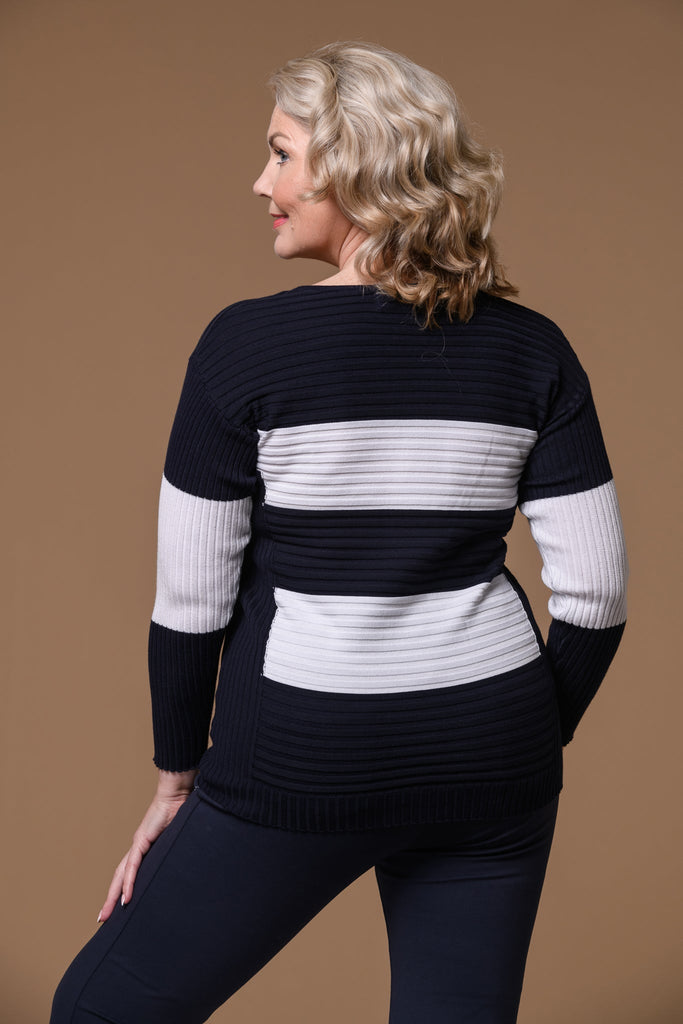 Stripe Zip Jumper Navy/White-Knitwear-Paco