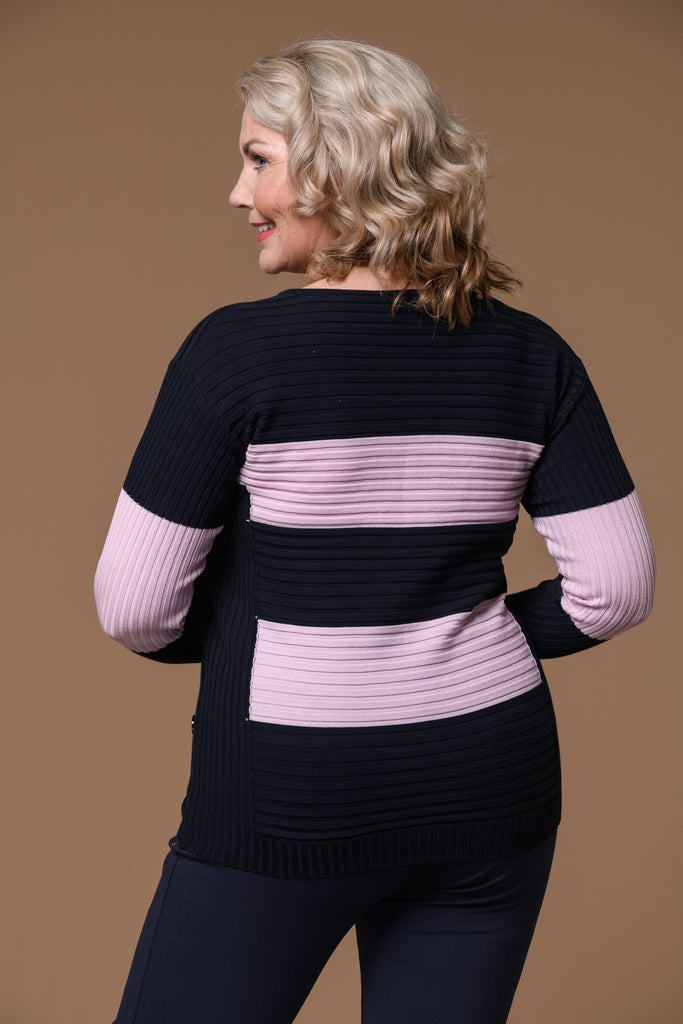 Stripe Zip Jumper- Pink/Navy-Knitwear-Paco