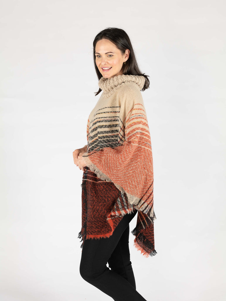 Stripe check cape Beige/Red-Knitwear-Paco