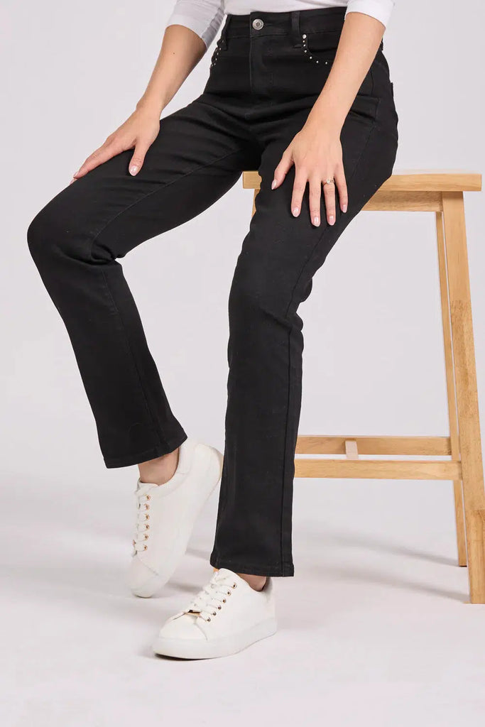 Stud Pocket Jeans- Black-Trousers-Paco