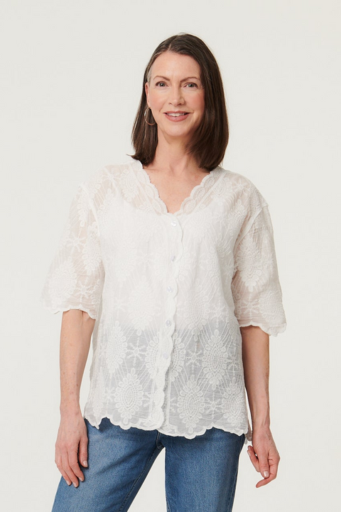 Button Front Crochet Top WHITE