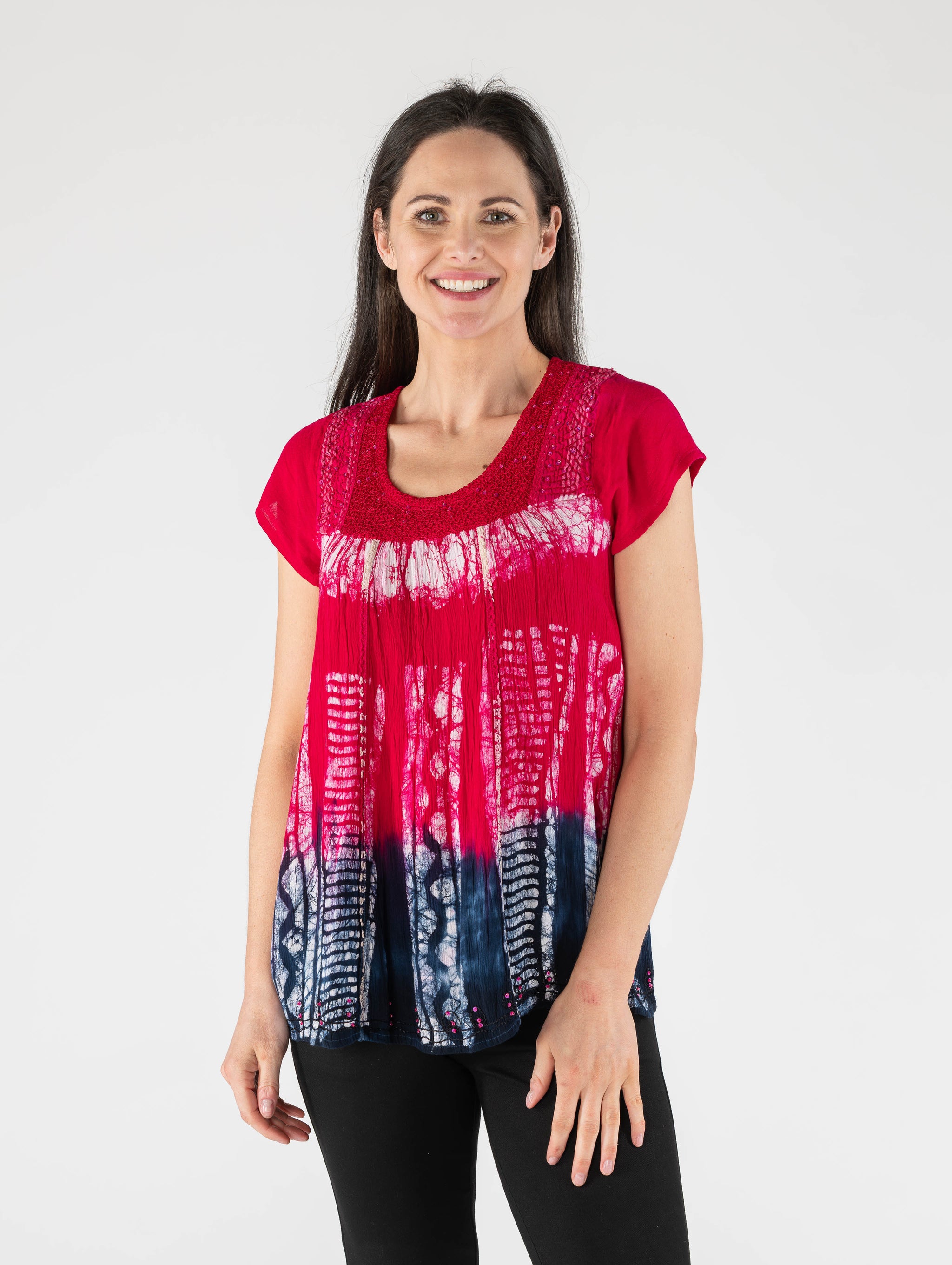 トップス irojikake 24ss TIE-DYE KNIT TOP TO29922 TIE DYE SHORT SLEEVE TOP CHECK PANELS CERISE NAVY – Paco