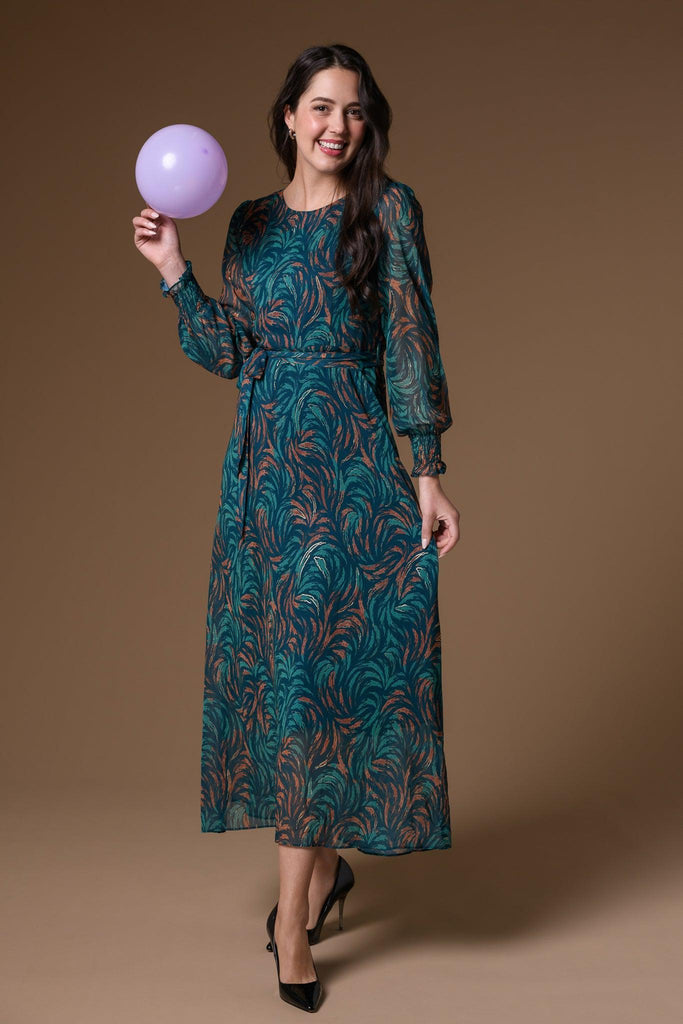 Teal Print Chiffon Dress - Teal-Dresses-Paco