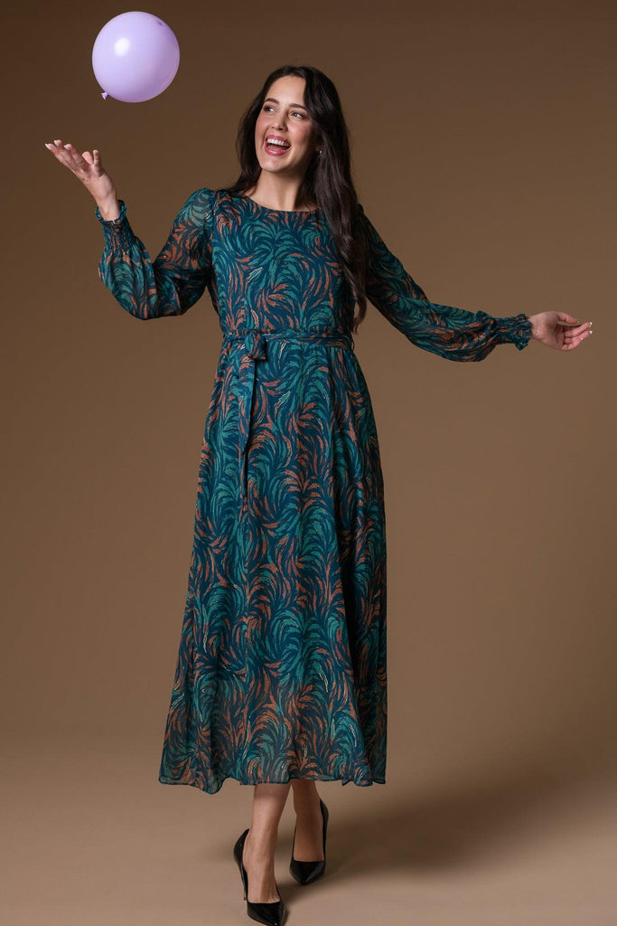 Teal Print Chiffon Dress - Teal-Dresses-Paco