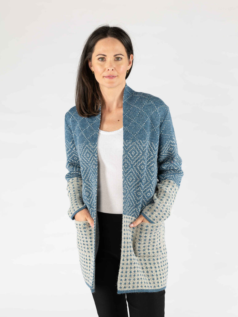 Teal Tile Pattern Cardigan with Pockets-Cardigans-Paco