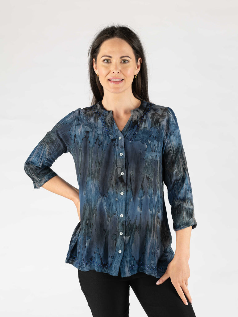 Tie Dye 3/4 Sleeve Longline Blouse-Tops-Paco