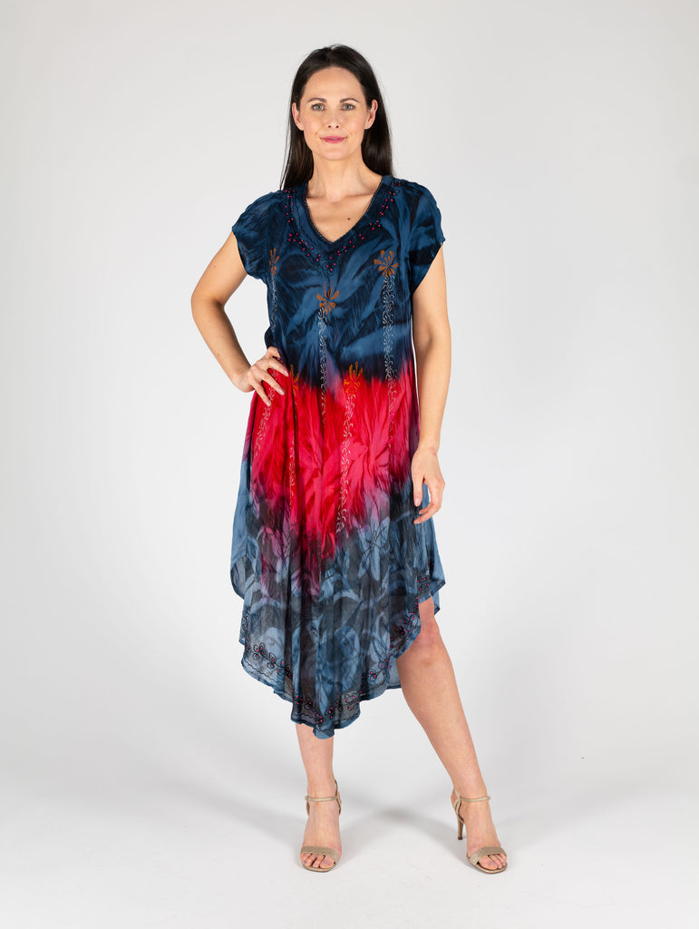 Tie Dye Print V Neck Umbrella Dress - D28406 - Navy Cerise-Dresses-Paco