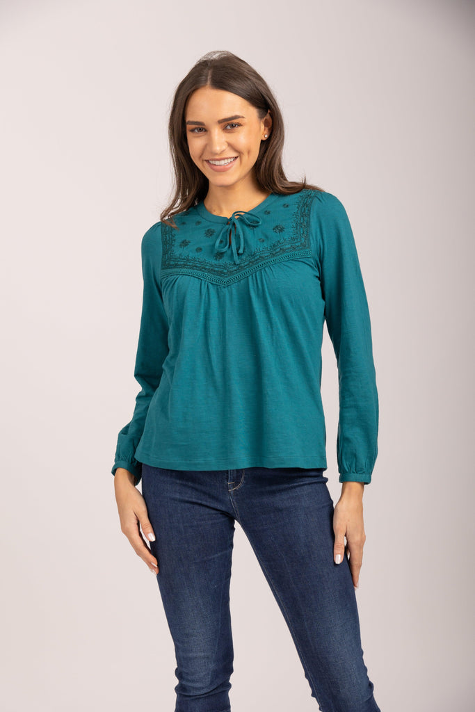 Tie Neck Embroidered Top-Tops-Paco