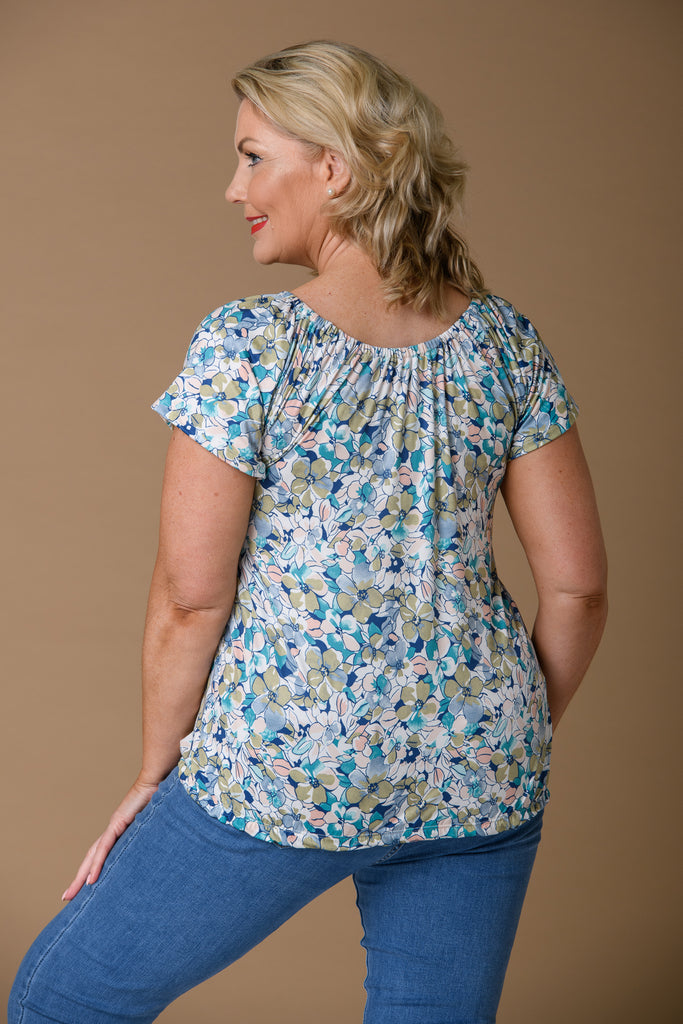 Tie Neck Gypsy Top - Blue Multi-Basics-Paco