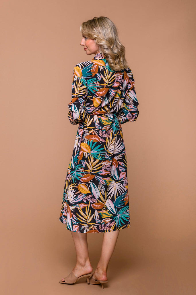 Tropical Leaf Print Shirt Dress-Dresses-Paco