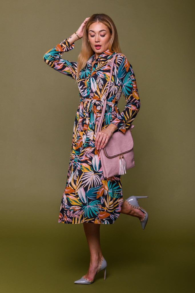 Tropical Leaf Print Shirt Dress-Dresses-Paco