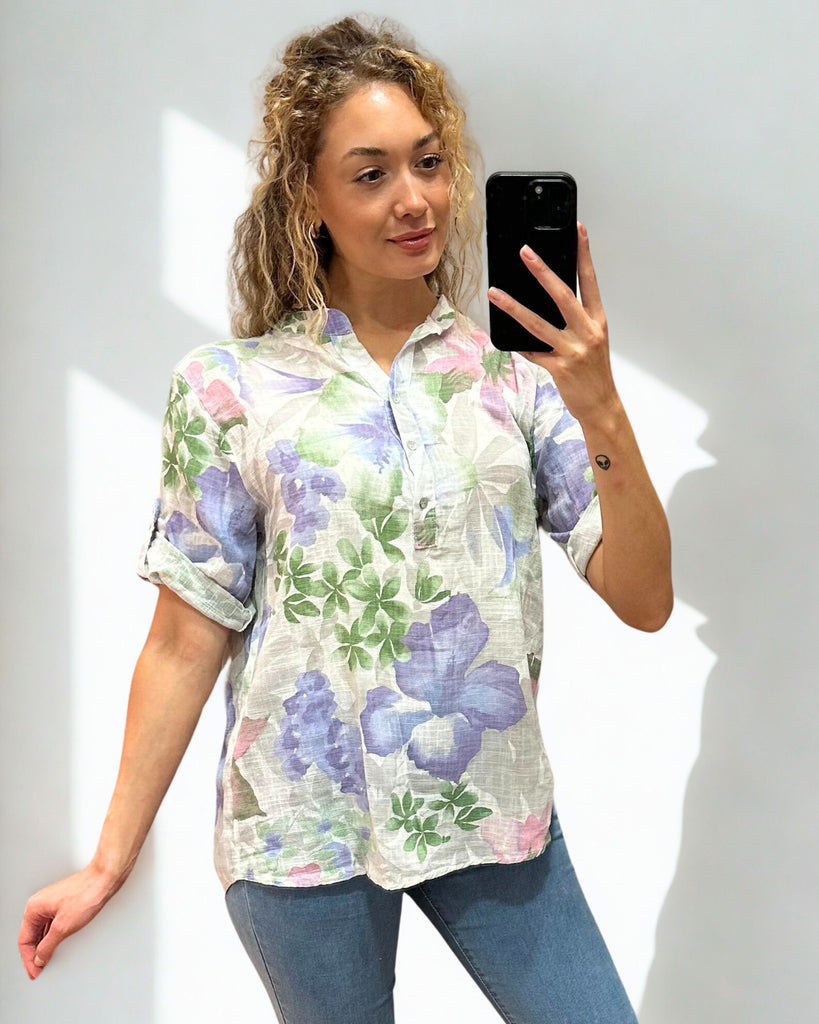 Tropical Notch neck top - Pink/Blue-Tops-Paco