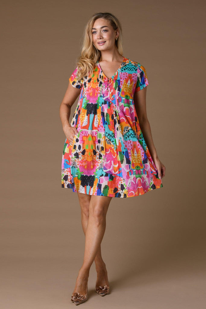 V Neck Abstract Print Dress - Orange-Dresses-Paco