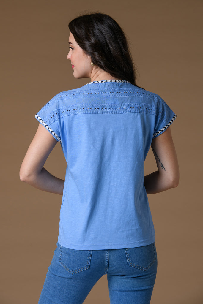 V Neck Trim Tee - Cornflower-Tops-Paco