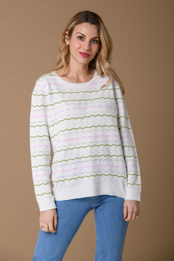 Wavy Pointelle Stripe Sweater - White-Knitwear-Paco