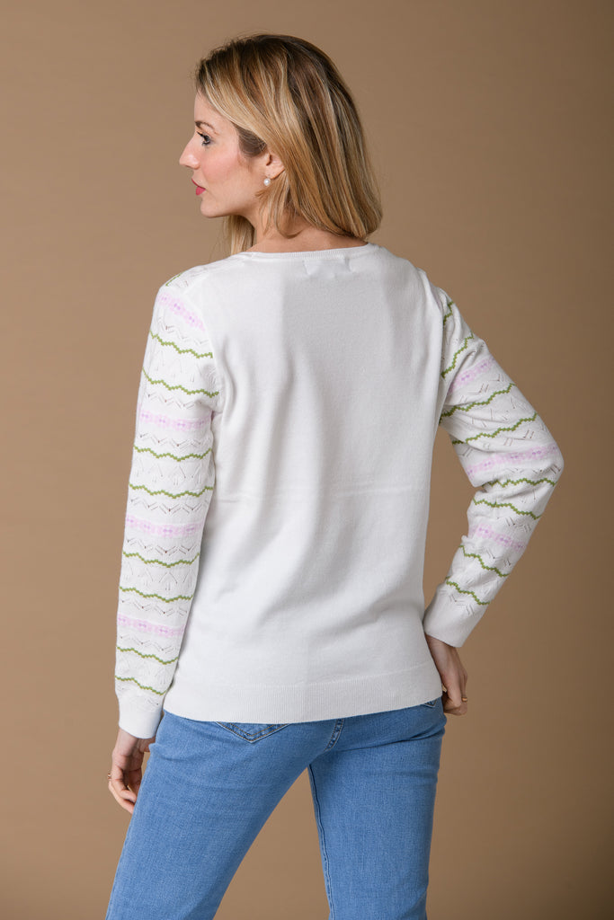 Wavy Pointelle Stripe Sweater - White-Knitwear-Paco