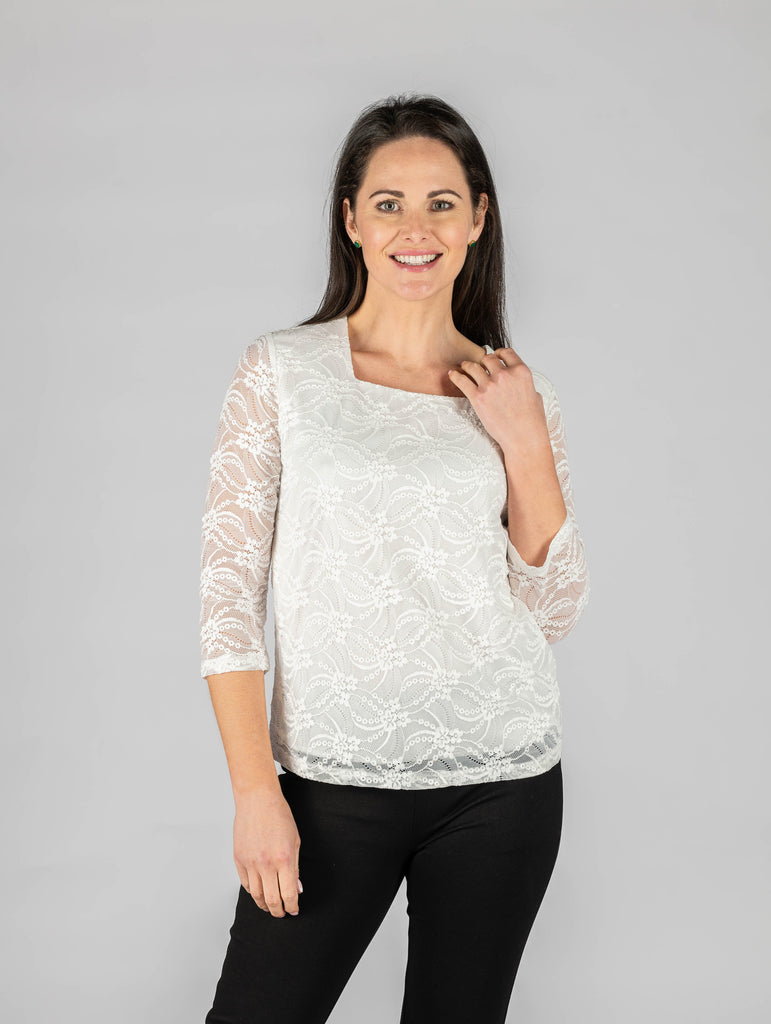 White Floral Square Neck Top-Paco