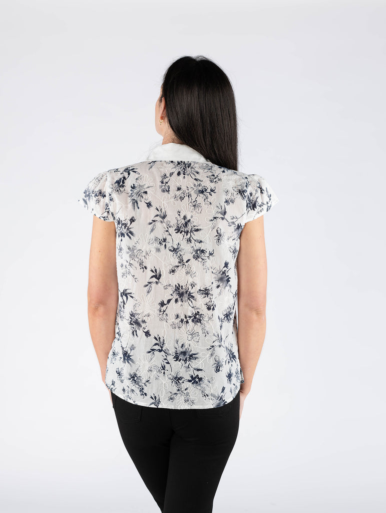 White Navy Printed Blouse - B29881 White Navy-Tops-Paco