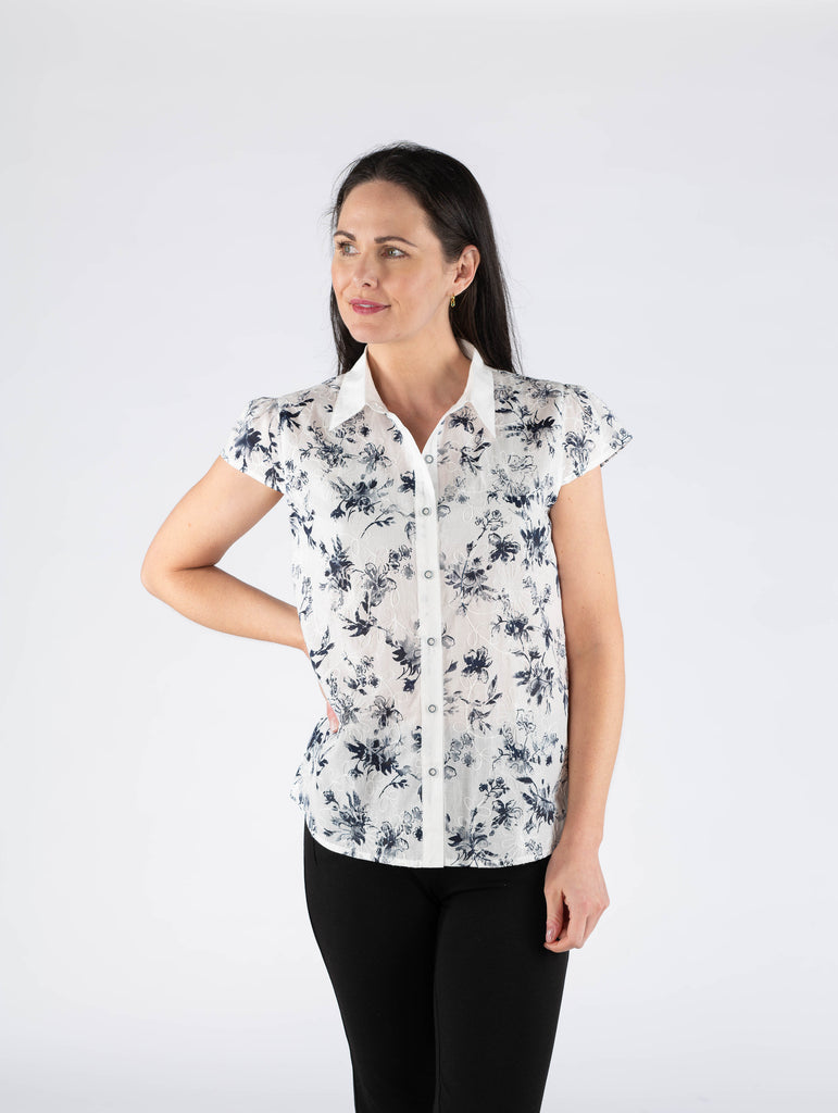 White Navy Printed Blouse - B29881 White Navy-Tops-Paco