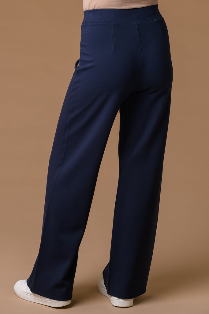 Wide Leg Ponte Trousers - Navy-Bottoms-Paco