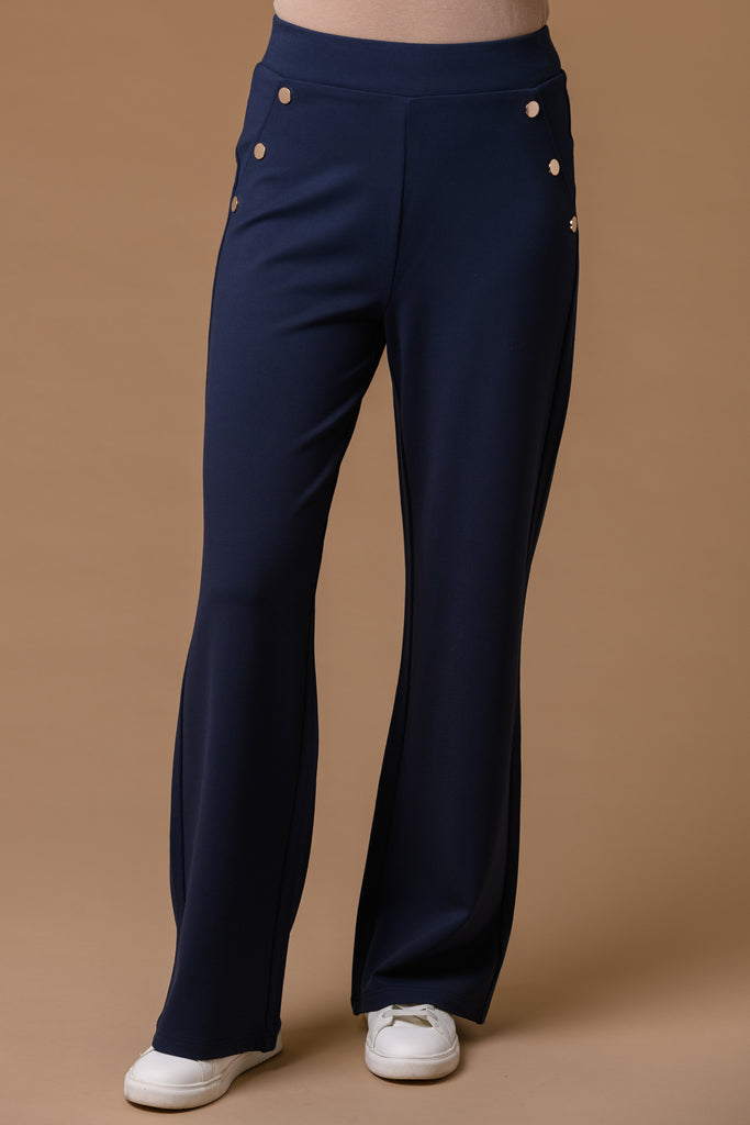 Wide Leg Ponte Trousers - Navy-Bottoms-Paco