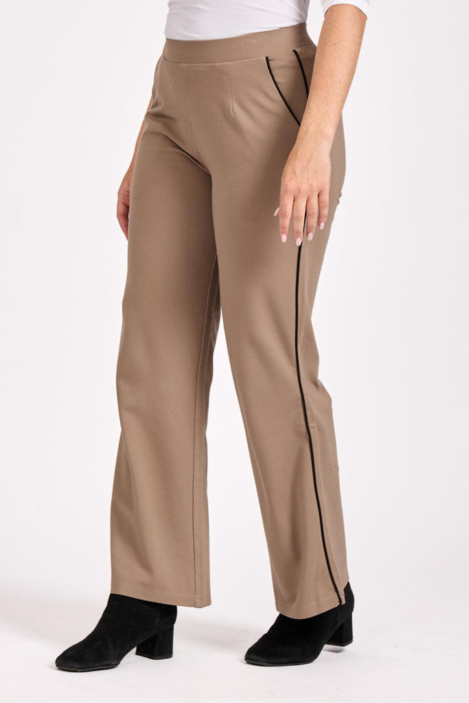 Wide Leg Trouser with Seam- Beige-Trousers-Paco