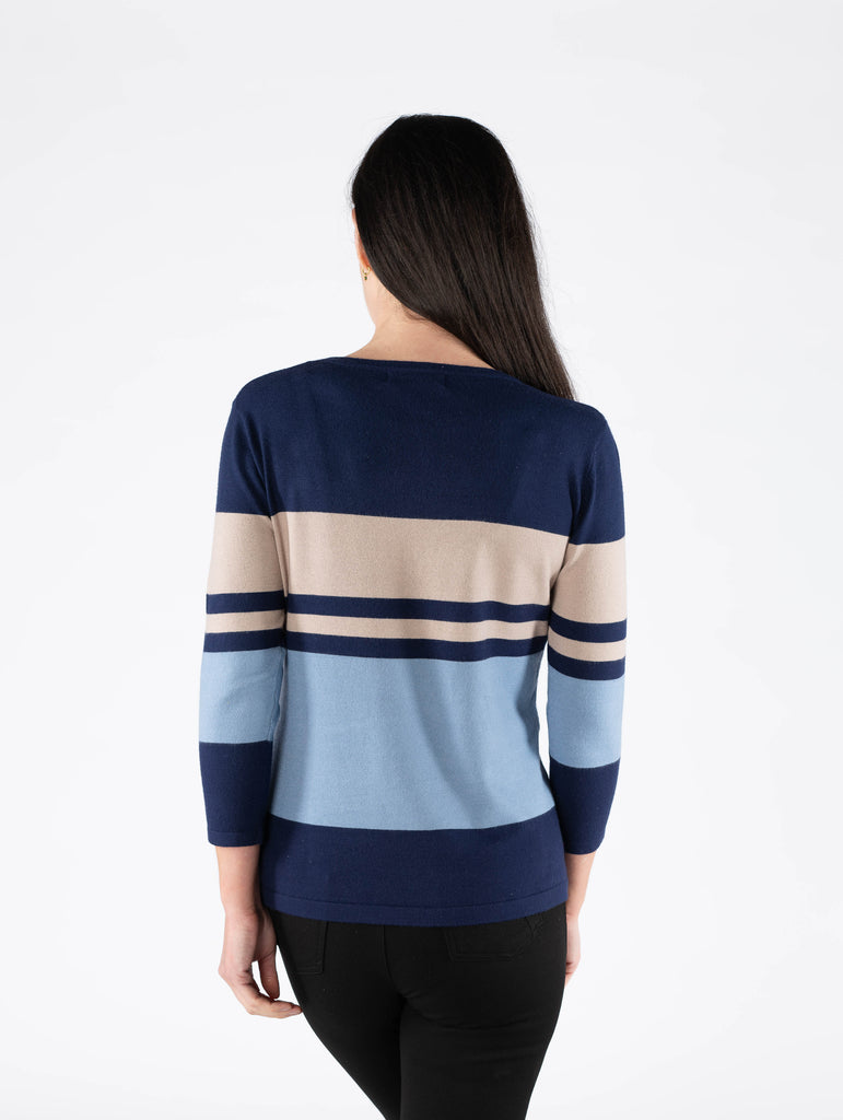 Wide Stripe Jumper Round Neck 3/4 Sleeve - JU29760 - Navy-Jumpers & Cardigans-Paco