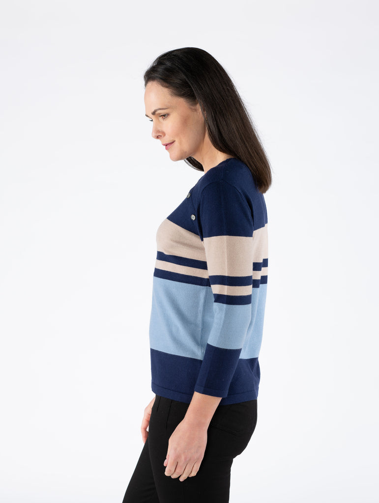 Wide Stripe Jumper Round Neck 3/4 Sleeve - JU29760 - Navy-Jumpers & Cardigans-Paco