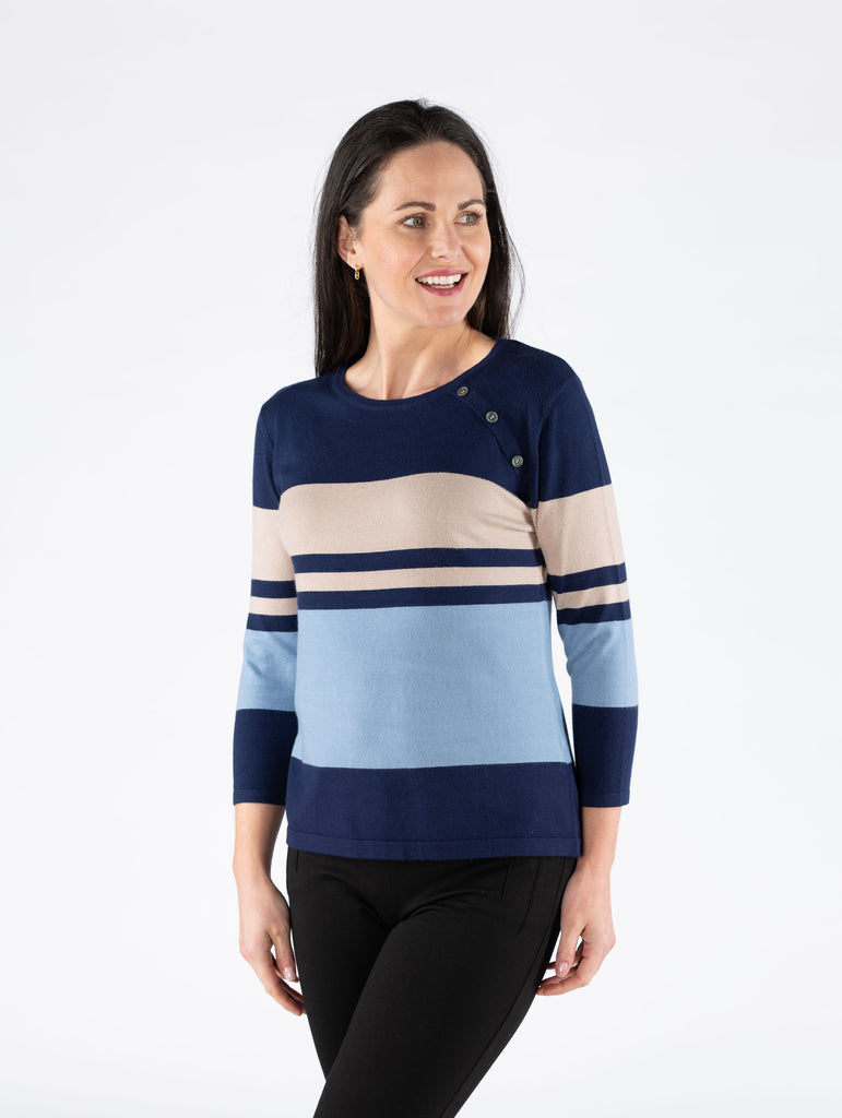 Wide Stripe Jumper Round Neck 3/4 Sleeve - JU29760 - Navy-Jumpers & Cardigans-Paco