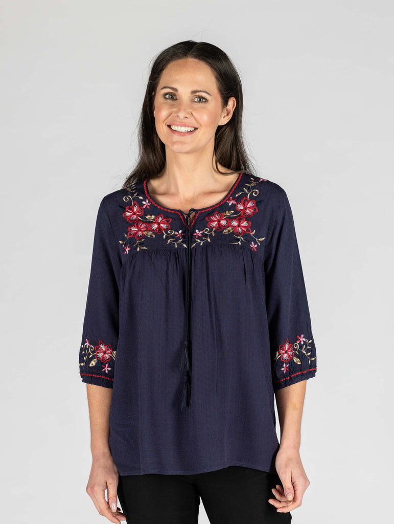 Embroidered Navy Tunic-Tops-Paco