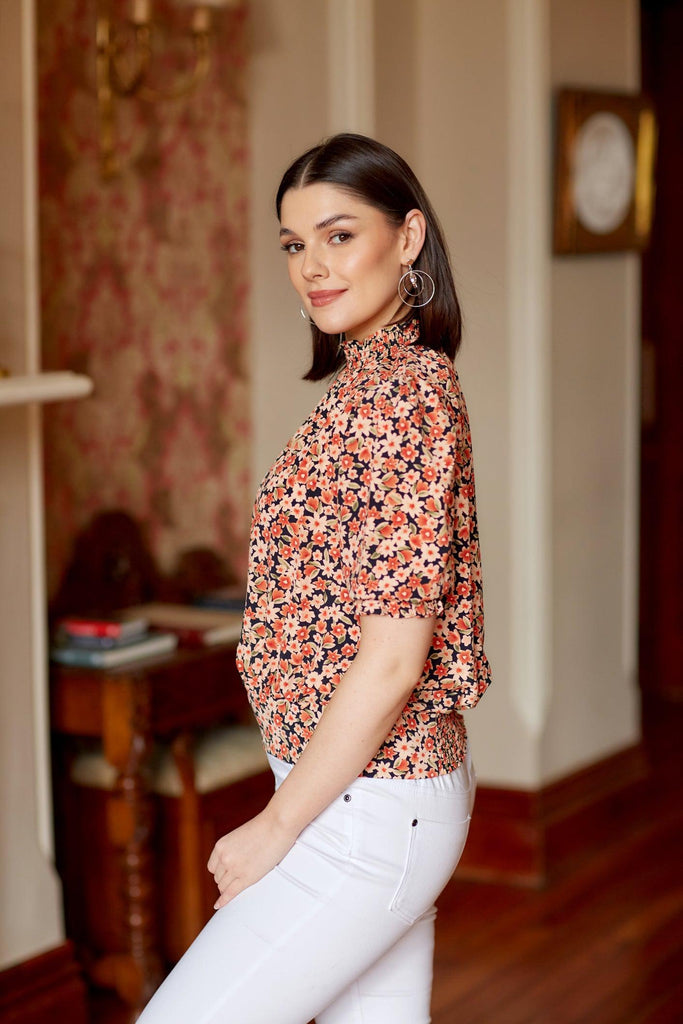 Orange Flower Ruched Top-Tops-Paco